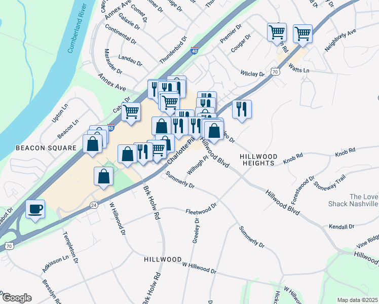 map of restaurants, bars, coffee shops, grocery stores, and more near 6611 Charlotte Pike in Nashville