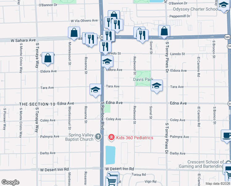 map of restaurants, bars, coffee shops, grocery stores, and more near 2845 Santa Margarita Street in Las Vegas
