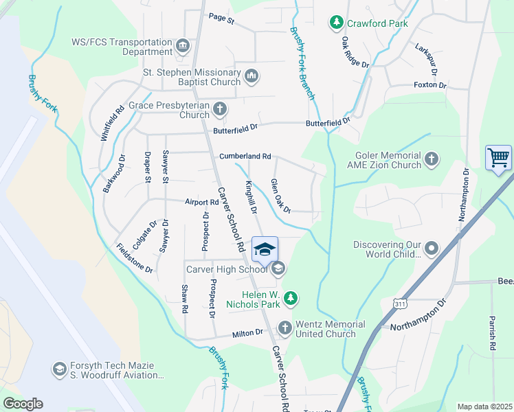 map of restaurants, bars, coffee shops, grocery stores, and more near 3655 Kinghill Drive in Winston-Salem