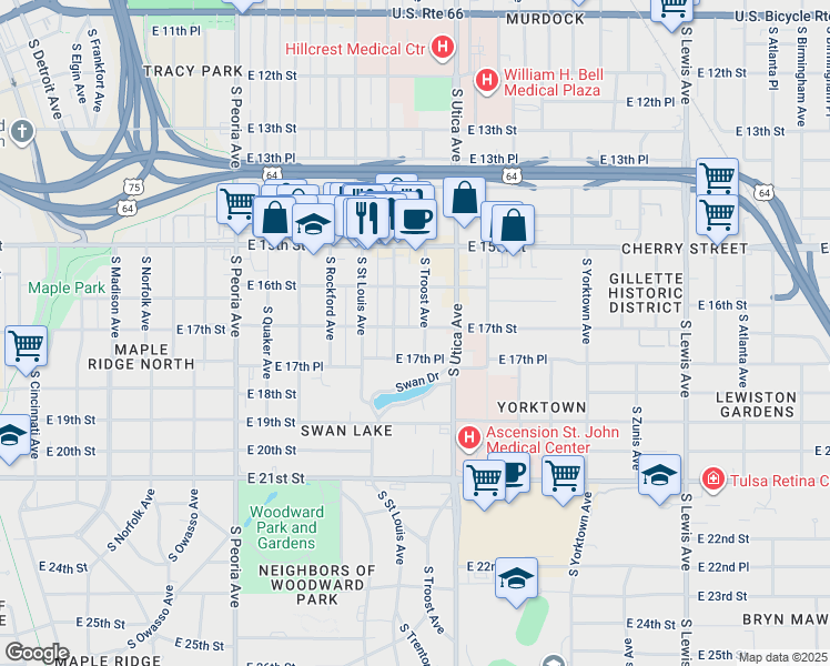 map of restaurants, bars, coffee shops, grocery stores, and more near 1702 South Troost Avenue in Tulsa
