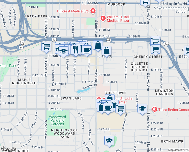 map of restaurants, bars, coffee shops, grocery stores, and more near 1704 South Utica Avenue in Tulsa