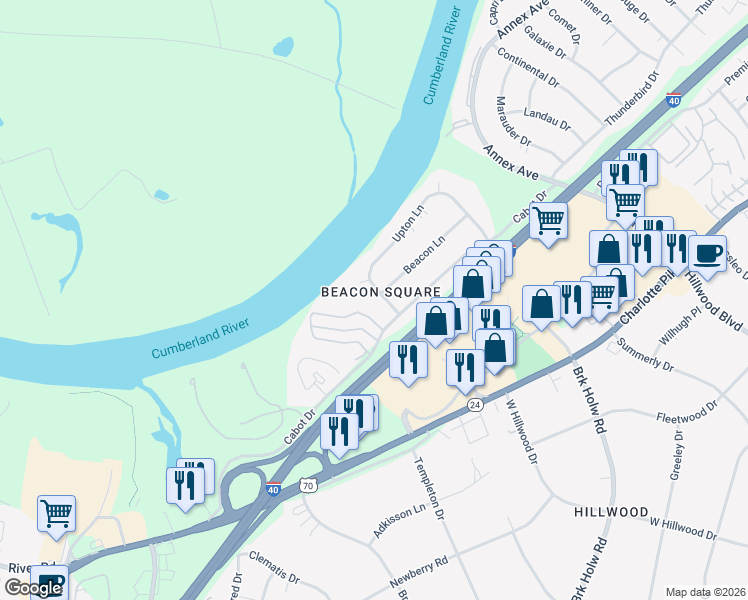 map of restaurants, bars, coffee shops, grocery stores, and more near 6688 Upton Lane in Nashville