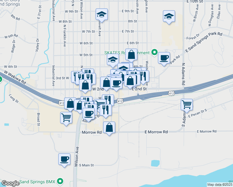 map of restaurants, bars, coffee shops, grocery stores, and more near 113 North Garfield Avenue in Sand Springs