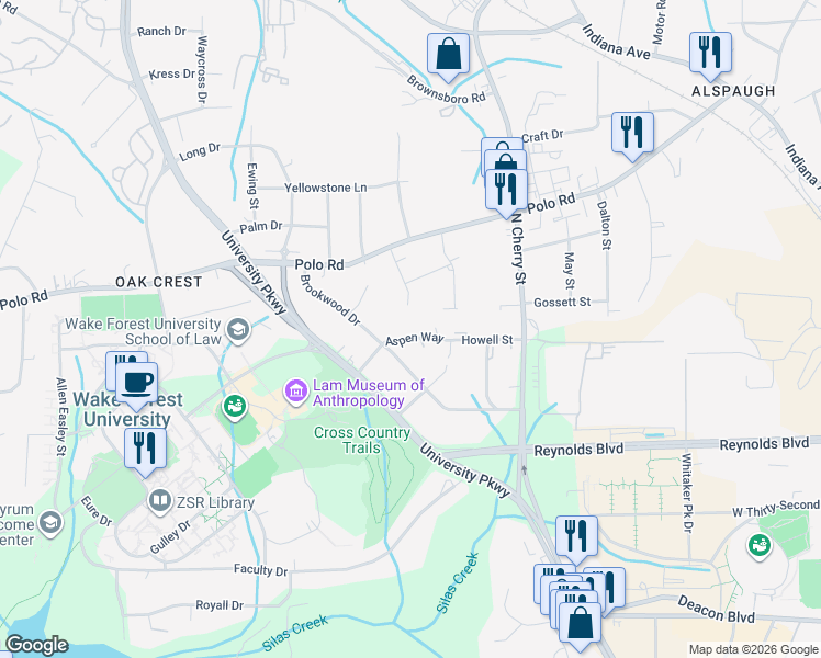 map of restaurants, bars, coffee shops, grocery stores, and more near 1804 Aspen Way in Winston-Salem