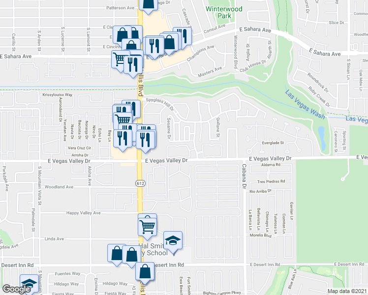 map of restaurants, bars, coffee shops, grocery stores, and more near 2965 Juniper Hills Boulevard in Las Vegas