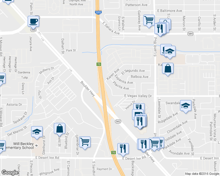 map of restaurants, bars, coffee shops, grocery stores, and more near 2855 South Sandhill Road in Las Vegas