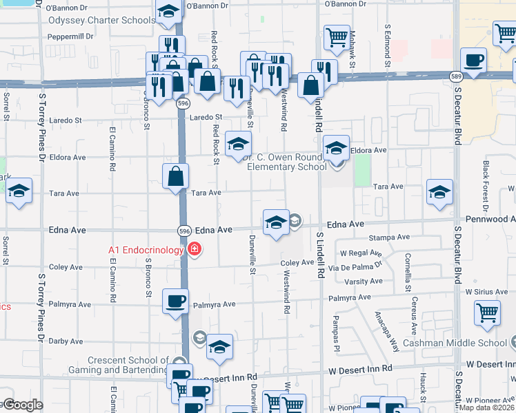 map of restaurants, bars, coffee shops, grocery stores, and more near 2845 Duneville Street in Las Vegas