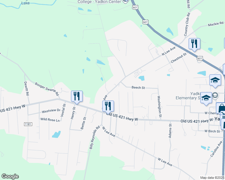 map of restaurants, bars, coffee shops, grocery stores, and more near 143 North Lee Avenue in Yadkinville