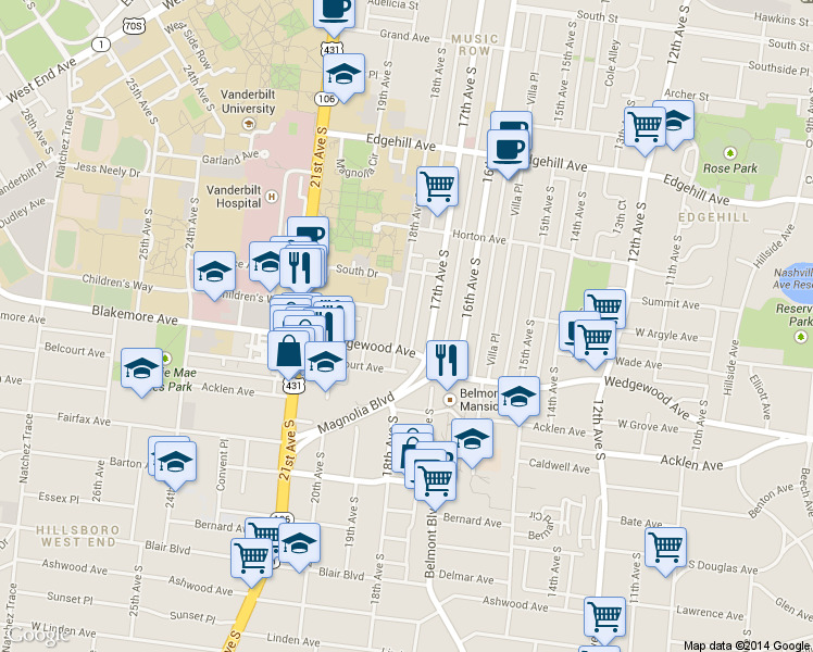 map of restaurants, bars, coffee shops, grocery stores, and more near 1611a 17th Avenue South in Nashville