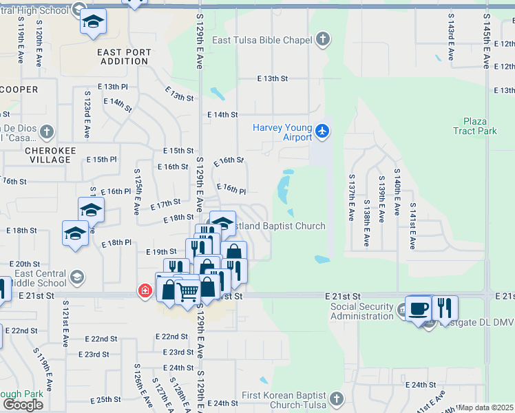 map of restaurants, bars, coffee shops, grocery stores, and more near 19 East 17th Court in Tulsa