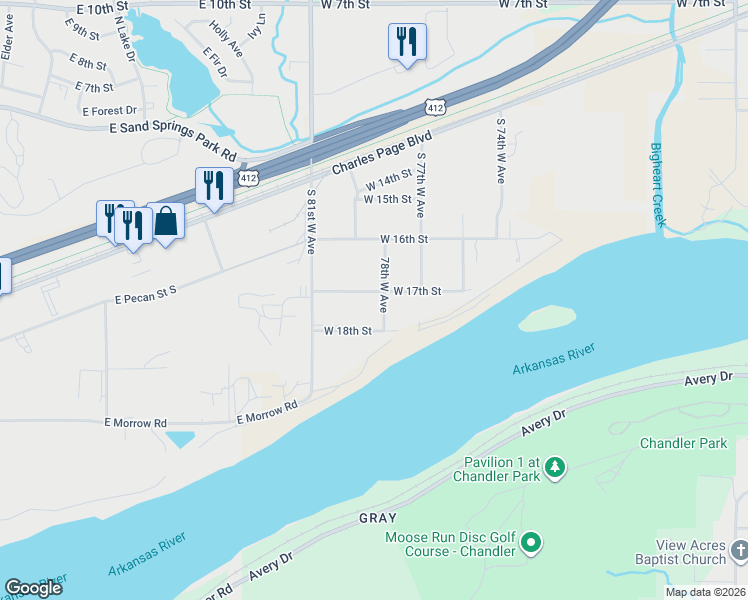 map of restaurants, bars, coffee shops, grocery stores, and more near 7814 West 17th Street in Tulsa