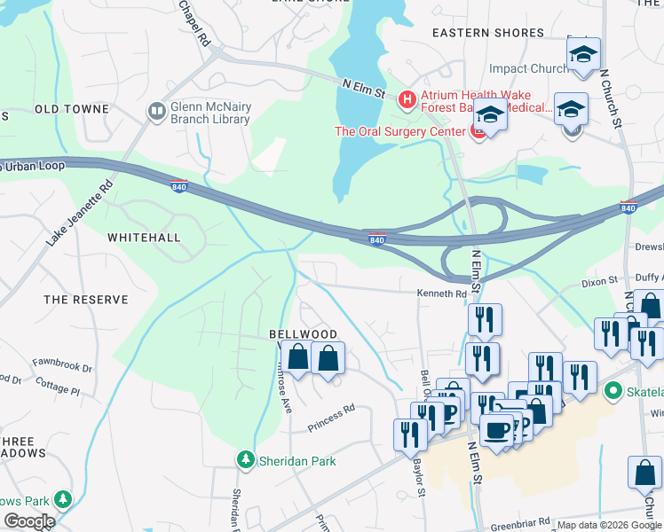 map of restaurants, bars, coffee shops, grocery stores, and more near 11 Pisgah Forest Circle in Greensboro
