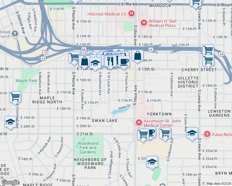 map of restaurants, bars, coffee shops, grocery stores, and more near 1702 South Trenton Avenue in Tulsa