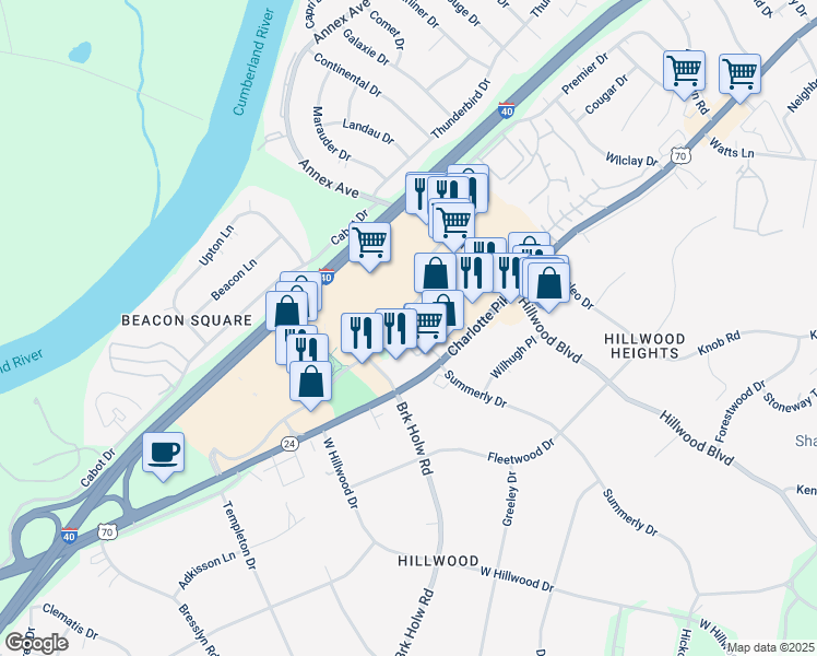 map of restaurants, bars, coffee shops, grocery stores, and more near 6680 Charlotte Pike in Nashville