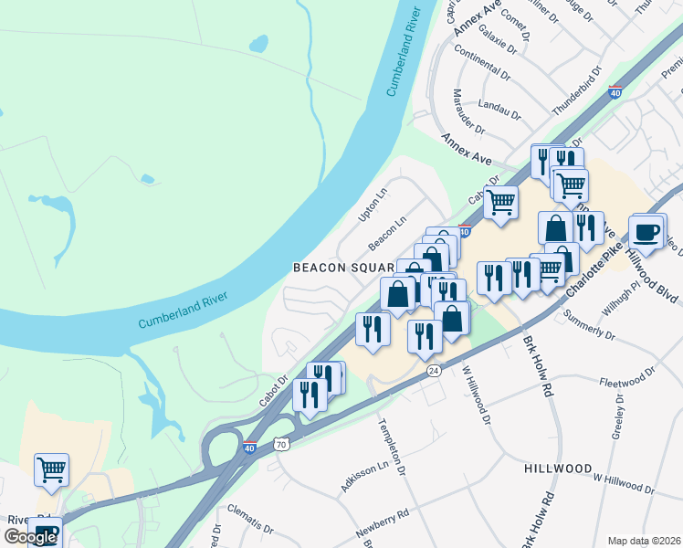 map of restaurants, bars, coffee shops, grocery stores, and more near 6688 Upton Lane in Nashville