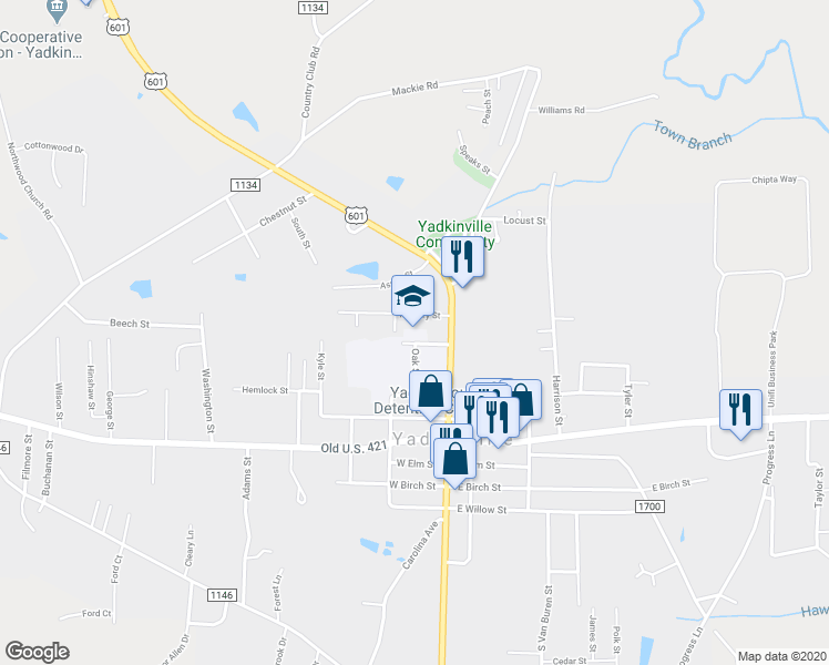 map of restaurants, bars, coffee shops, grocery stores, and more near 305 North State Street in Yadkinville
