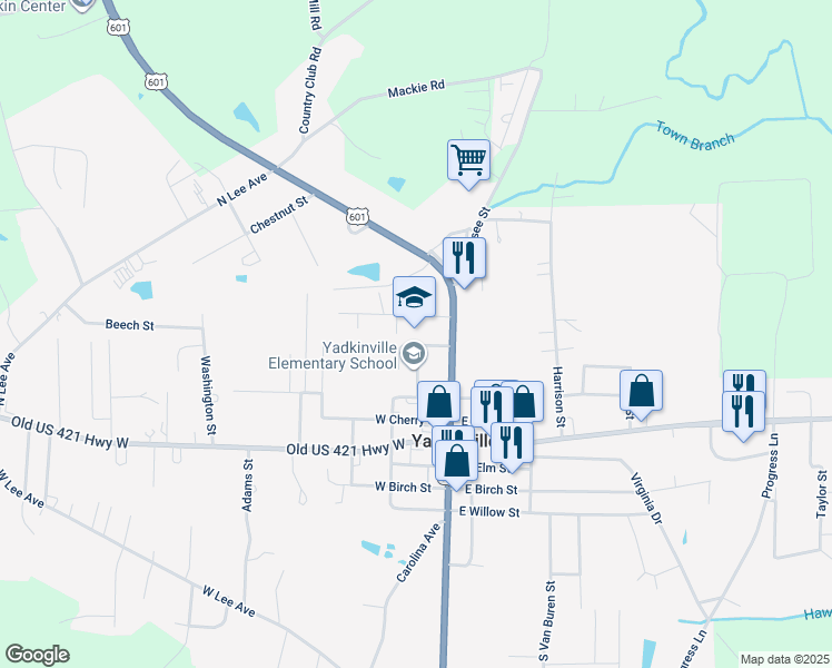 map of restaurants, bars, coffee shops, grocery stores, and more near 305 North State Street in Yadkinville