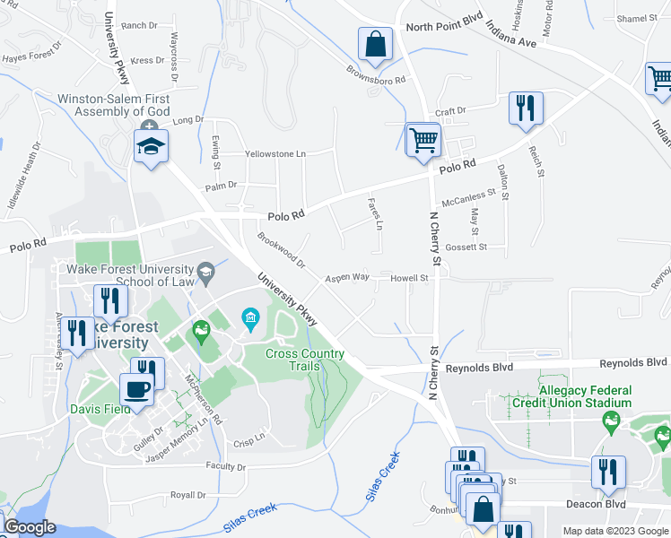map of restaurants, bars, coffee shops, grocery stores, and more near 1906 Aspen Way in Winston-Salem