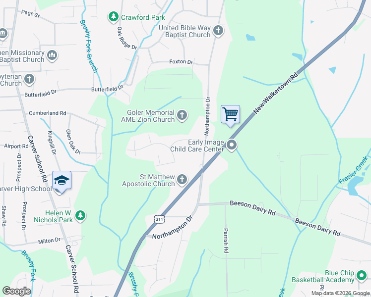 map of restaurants, bars, coffee shops, grocery stores, and more near 3820 Danube Court in Winston-Salem