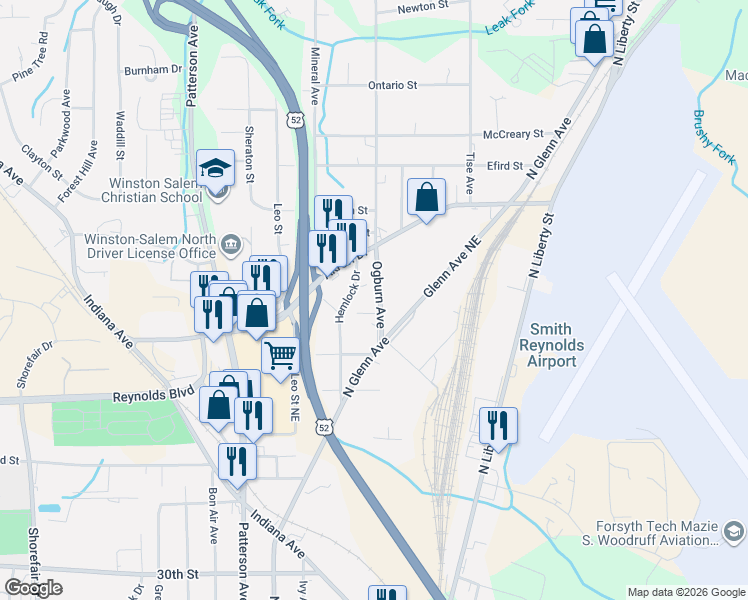 map of restaurants, bars, coffee shops, grocery stores, and more near 3712 Ogburn Avenue in Winston-Salem