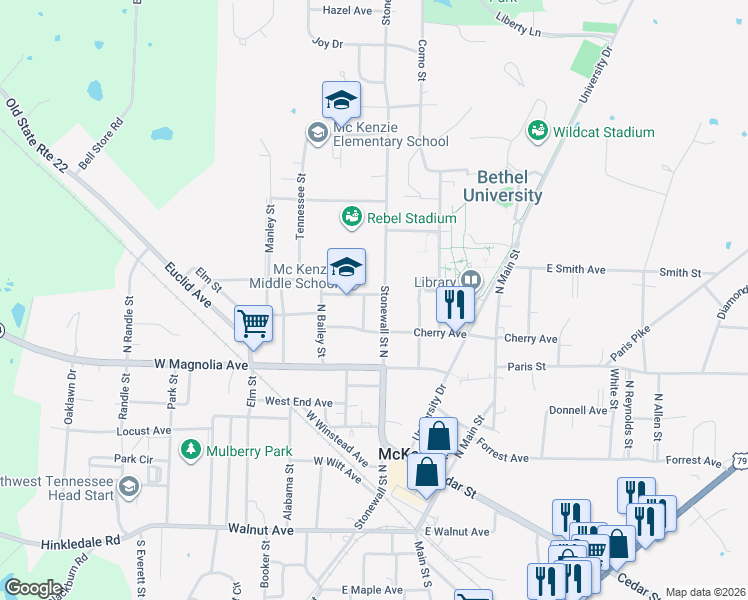 map of restaurants, bars, coffee shops, grocery stores, and more near 55 Woodrow Avenue in McKenzie