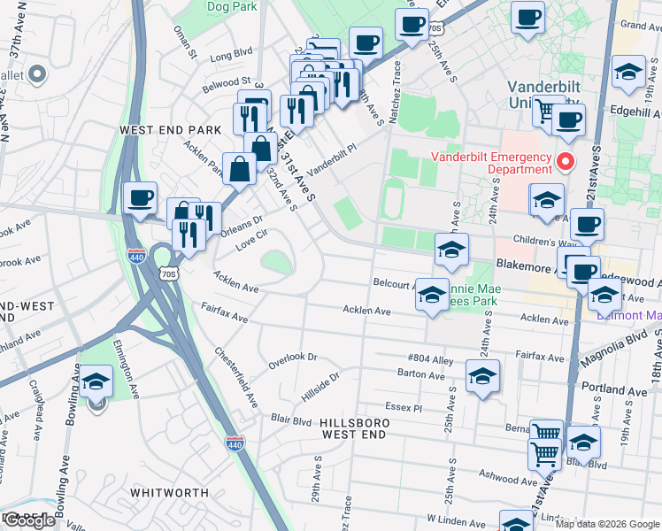 map of restaurants, bars, coffee shops, grocery stores, and more near 3005 Blakemore Avenue in Nashville