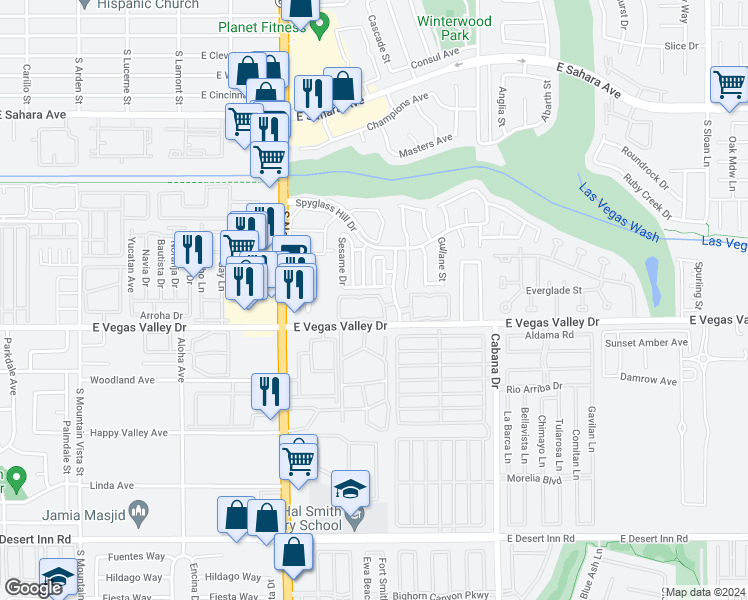 map of restaurants, bars, coffee shops, grocery stores, and more near 2963 Juniper Hills Boulevard in Las Vegas