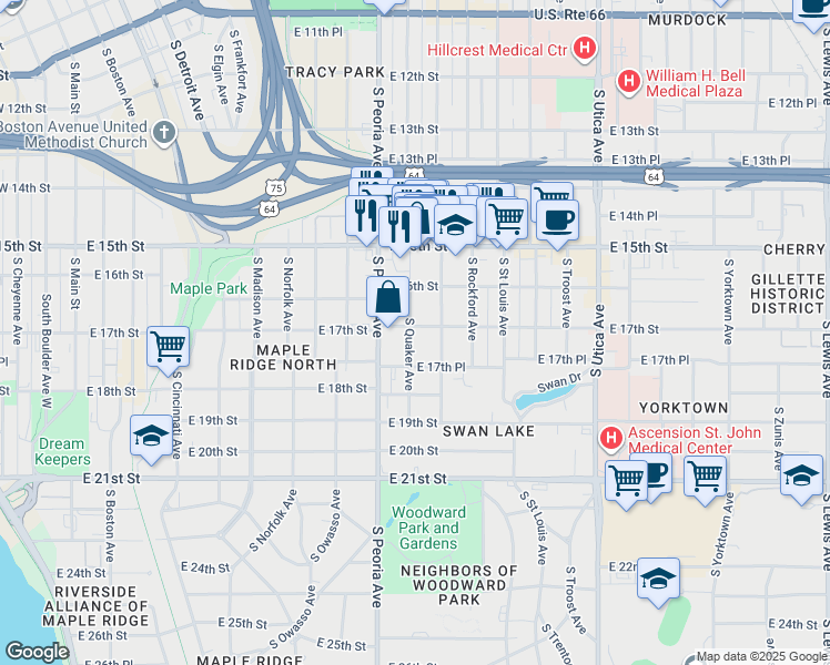 map of restaurants, bars, coffee shops, grocery stores, and more near 1322 East 17th Street in Tulsa