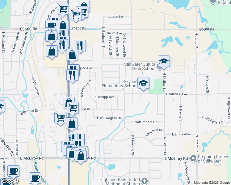 map of restaurants, bars, coffee shops, grocery stores, and more near 1001 East Franklin Avenue in Stillwater