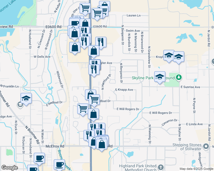 map of restaurants, bars, coffee shops, grocery stores, and more near 1603 North Hartford Street in Stillwater