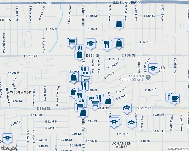 map of restaurants, bars, coffee shops, grocery stores, and more near 1575 South 67th East Avenue in Tulsa