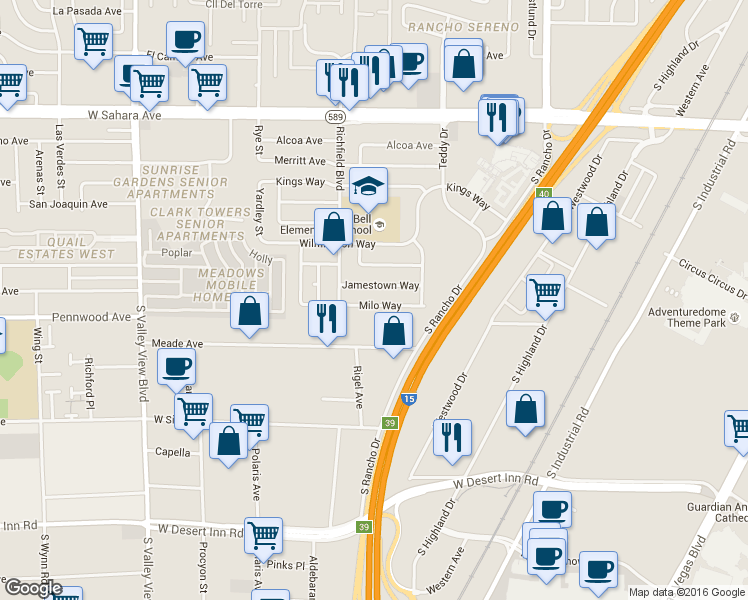 map of restaurants, bars, coffee shops, grocery stores, and more near 2836 Milo Way in Las Vegas