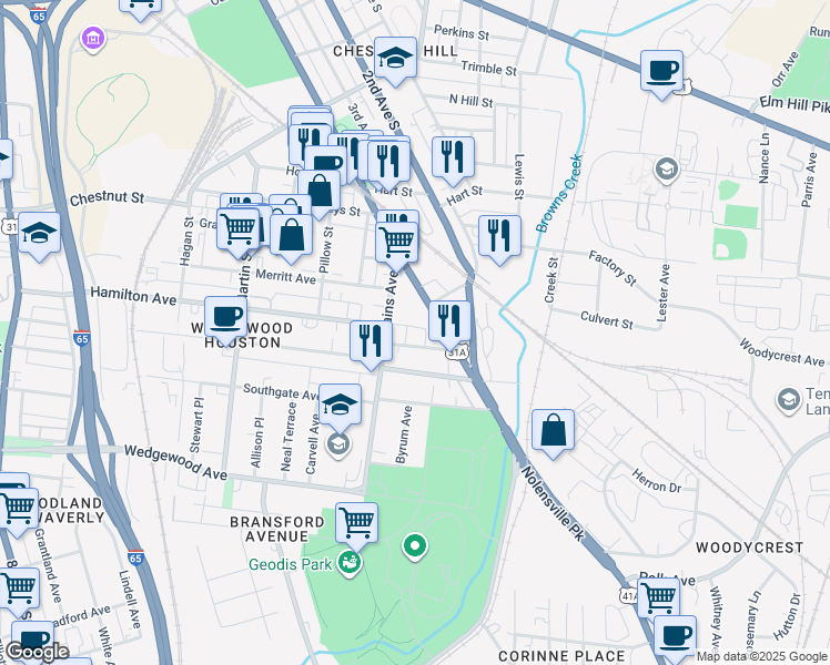 map of restaurants, bars, coffee shops, grocery stores, and more near 420 Mallory Street in Nashville
