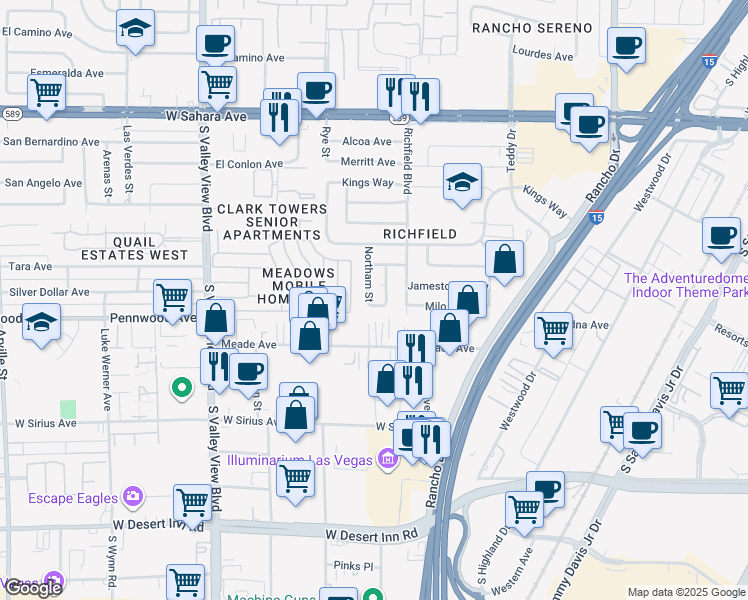 map of restaurants, bars, coffee shops, grocery stores, and more near 2825 Northam Street in Las Vegas