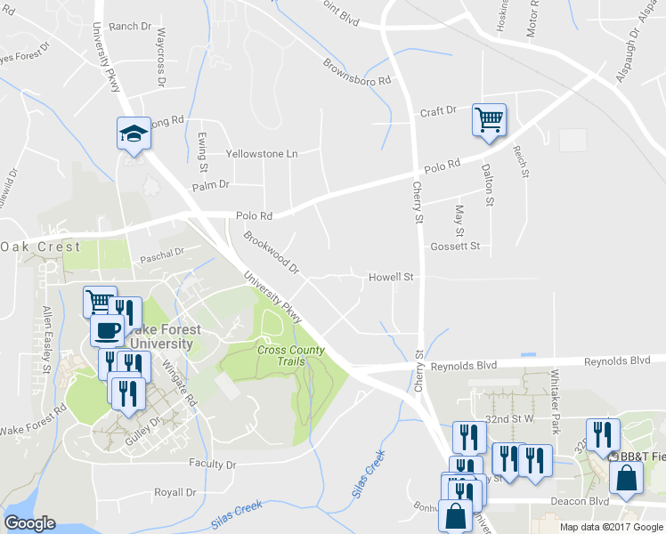 map of restaurants, bars, coffee shops, grocery stores, and more near 1804 Aspen Way in Winston-Salem