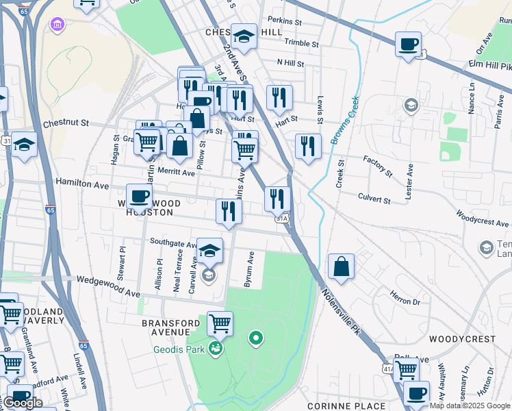 map of restaurants, bars, coffee shops, grocery stores, and more near 420 Mallory Street in Nashville