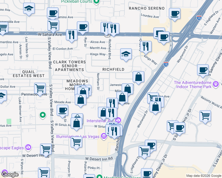 map of restaurants, bars, coffee shops, grocery stores, and more near 2912 Milo Way in Las Vegas