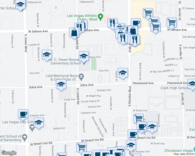 map of restaurants, bars, coffee shops, grocery stores, and more near 5246 Monterey Park Circle in Las Vegas
