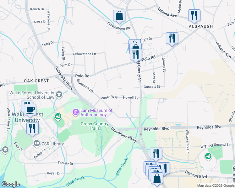 map of restaurants, bars, coffee shops, grocery stores, and more near 902 Aspen Trail in Winston-Salem