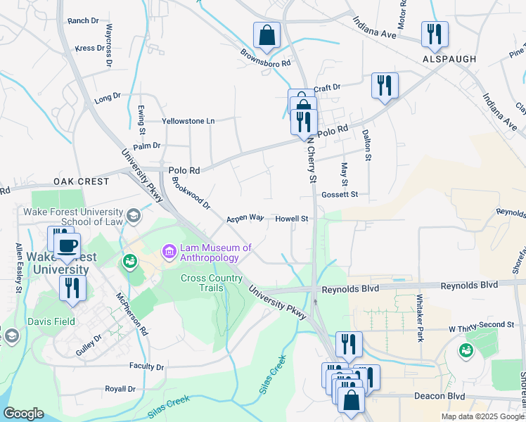 map of restaurants, bars, coffee shops, grocery stores, and more near 1102 Aspen Way in Winston-Salem
