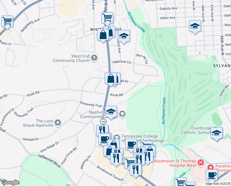 map of restaurants, bars, coffee shops, grocery stores, and more near 5554 Knob Road in Nashville