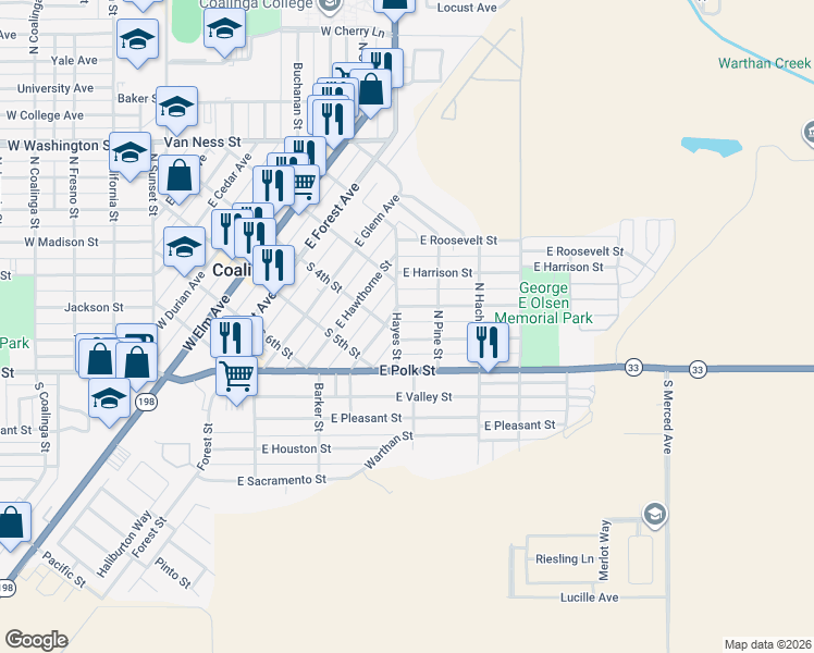 map of restaurants, bars, coffee shops, grocery stores, and more near 240 Hayes Street in Coalinga