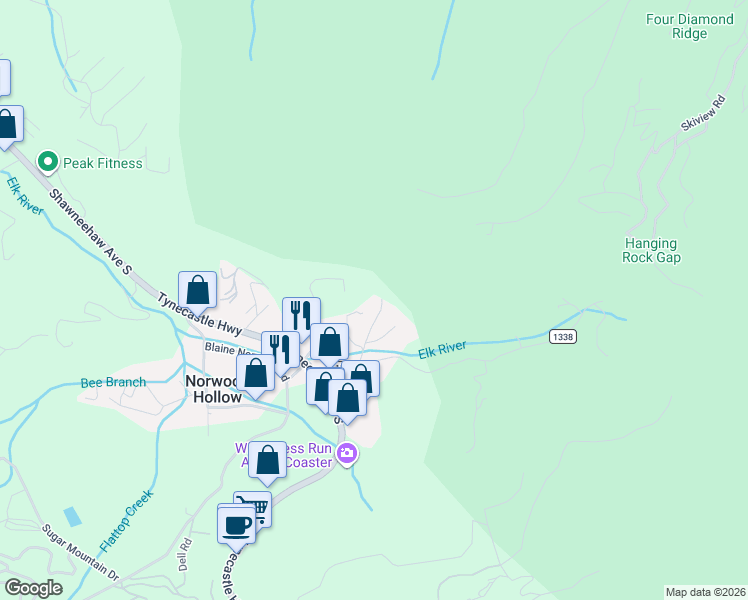 map of restaurants, bars, coffee shops, grocery stores, and more near 155 Cynthia Lane in Banner Elk
