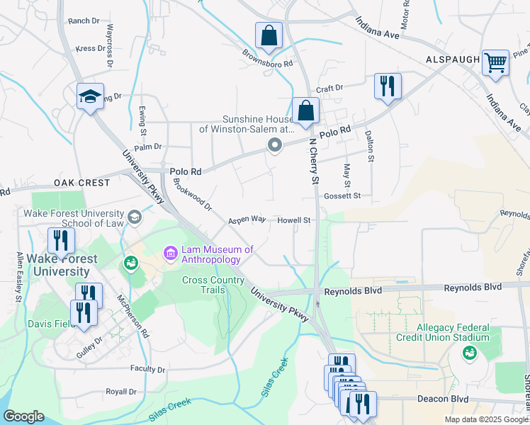 map of restaurants, bars, coffee shops, grocery stores, and more near 1102 Aspen Way in Winston-Salem