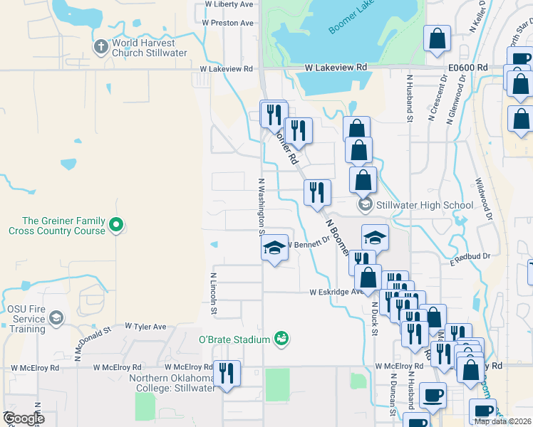 map of restaurants, bars, coffee shops, grocery stores, and more near 1523 North Washington Street in Stillwater