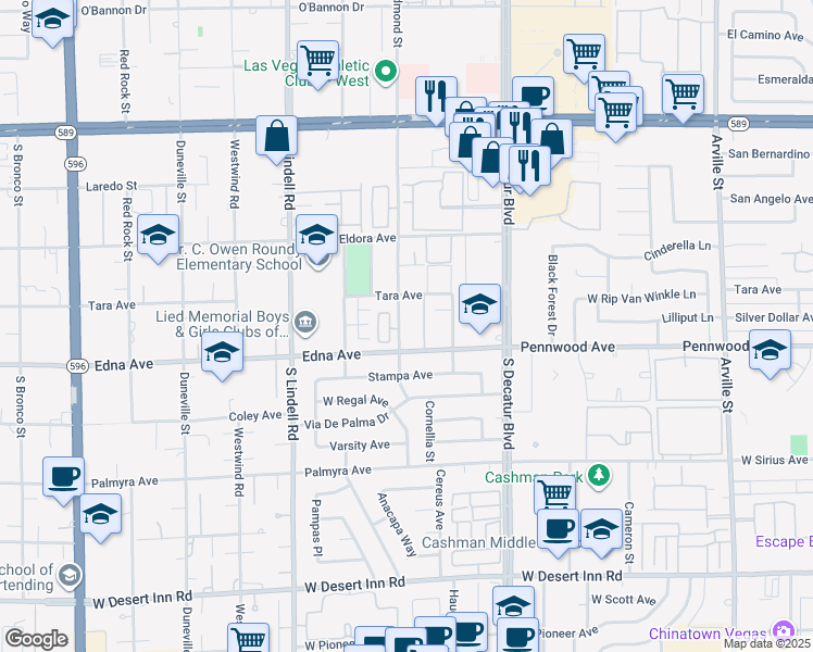 map of restaurants, bars, coffee shops, grocery stores, and more near 2854 South Edmond Street in Las Vegas