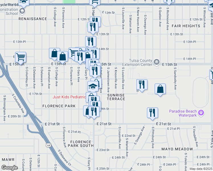 map of restaurants, bars, coffee shops, grocery stores, and more near 1624 South Jamestown Avenue in Tulsa
