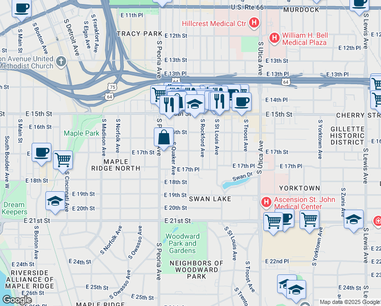 map of restaurants, bars, coffee shops, grocery stores, and more near 1701 South Quincy Avenue in Tulsa