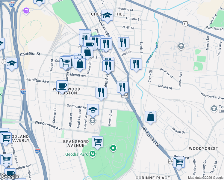 map of restaurants, bars, coffee shops, grocery stores, and more near 420 Mallory Street in Nashville