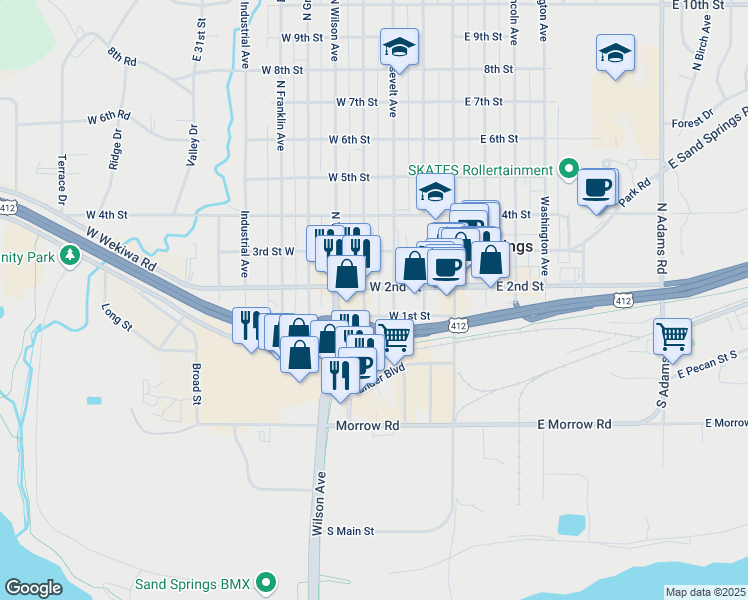 map of restaurants, bars, coffee shops, grocery stores, and more near 113 North Cleveland Avenue in Sand Springs